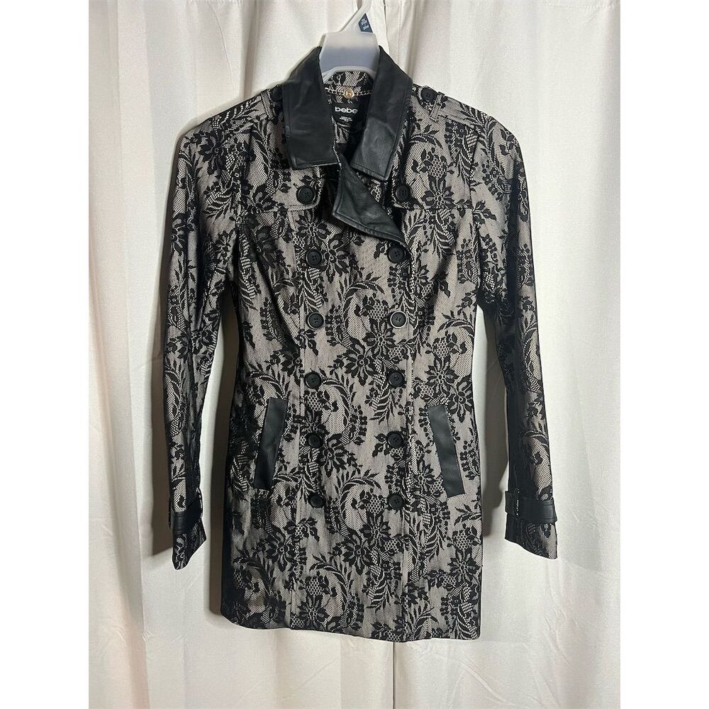 Bebe Women's XS Black Floral Lace Trench Coat Double-Breasted Mid-Length